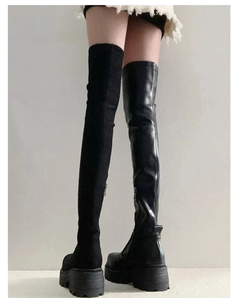 Hnzxzm Stretch Slim Women Over the Knee High Boots Fashion Soft Leather Shoes Autumn Winter Thick Heel Ladies Knight Long Booties