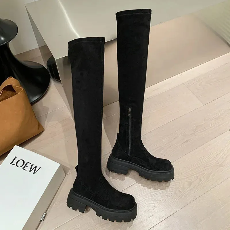 Hnzxzm Stretch Slim Women Over the Knee High Boots Fashion Soft Leather Shoes Autumn Winter Thick Heel Ladies Knight Long Booties