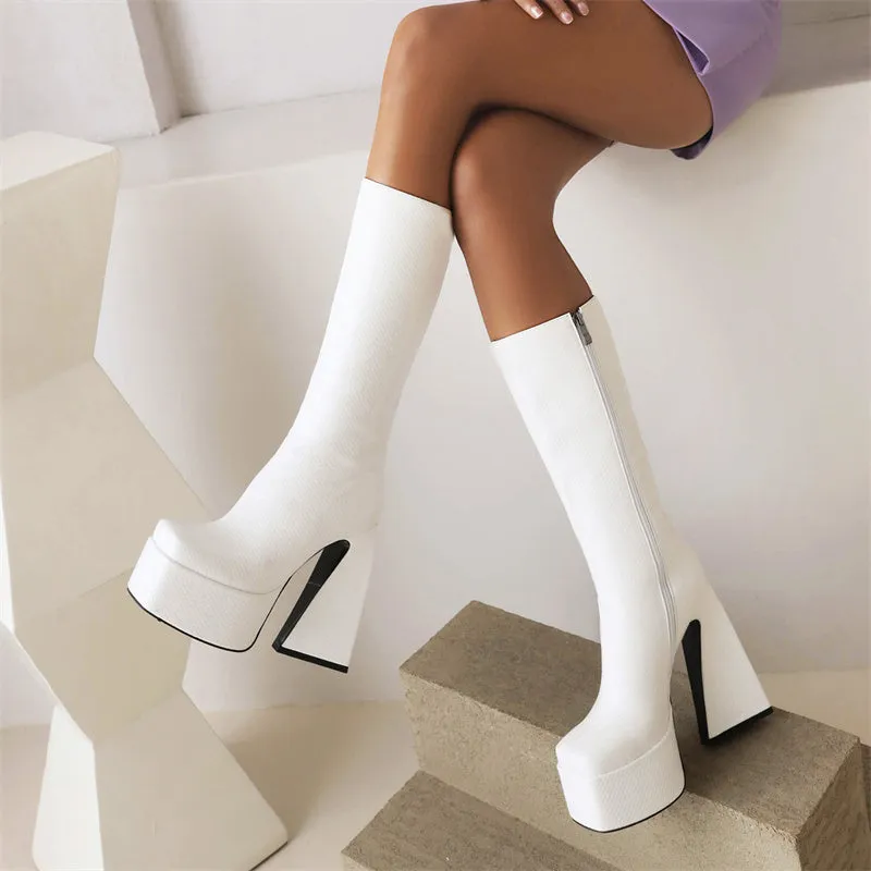 Hope White Chunky Heel Boots