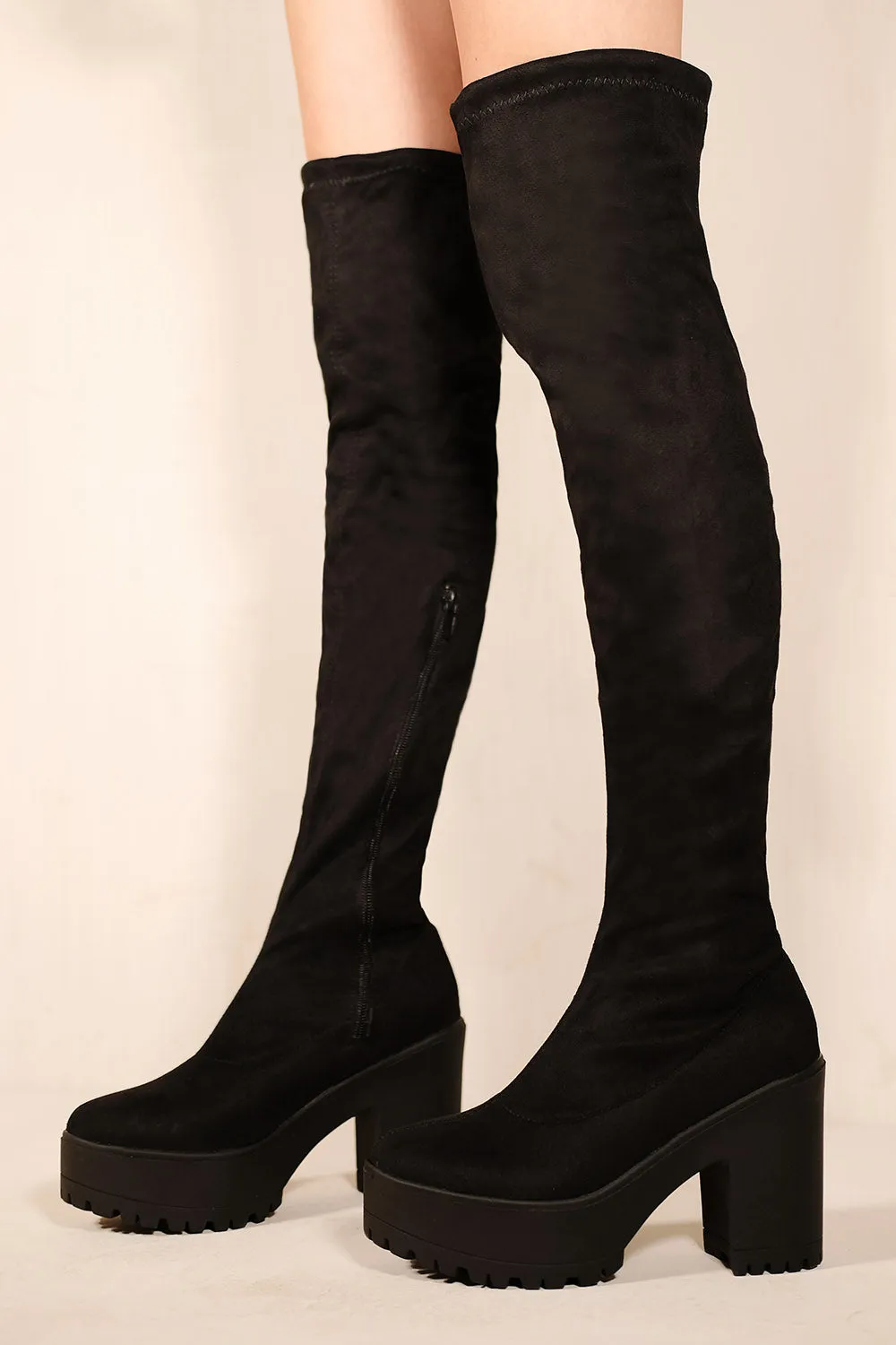 IRIS CHUNKY PLATFORM HEEL KNEE HIGH BOOTS IN BLACK FAUX SUEDE