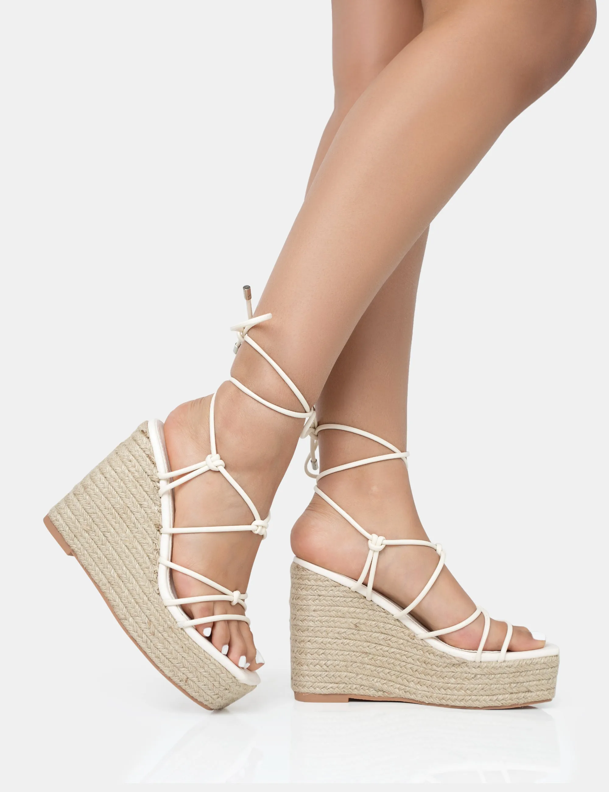 Islander Ecru Lace Up Square Toe High Heeled Sandal Esparille Wedges