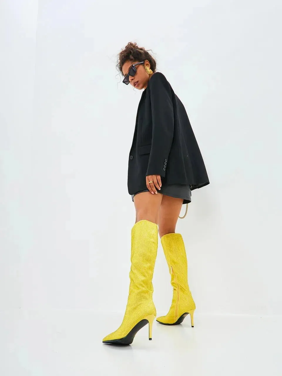 Jewel Stiletto Knee High Boots Mili - Yellow