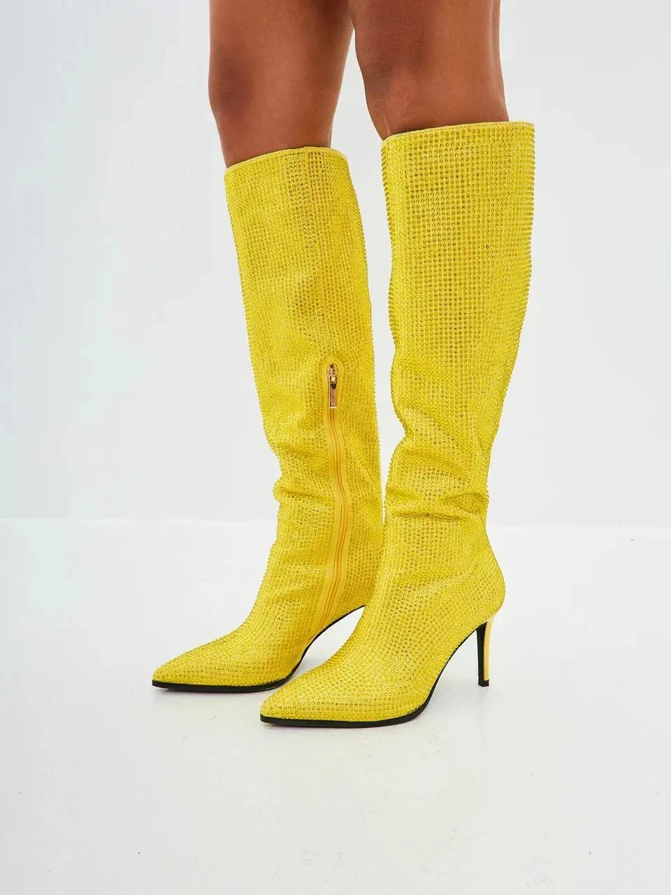 Jewel Stiletto Knee High Boots Mili - Yellow