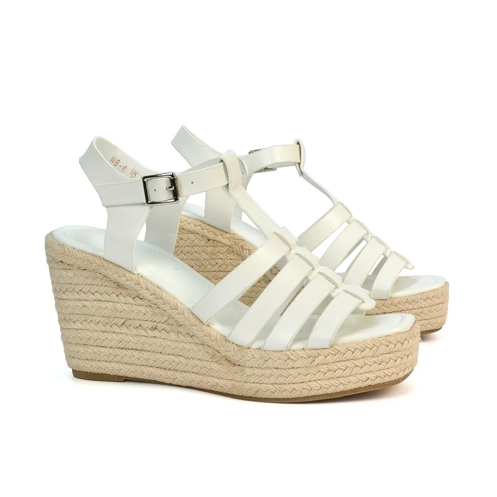 Jojo Espadrille Platform Wedge Heel Sandals With Ankle Strap in Black