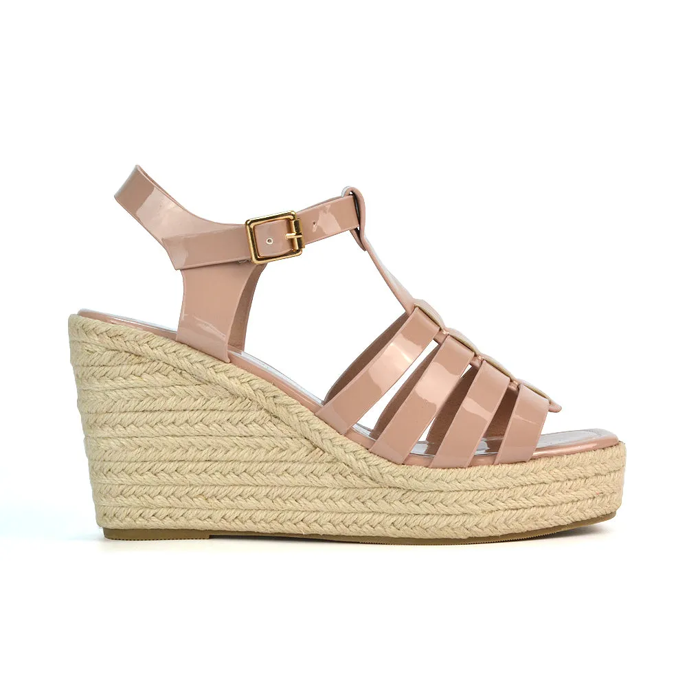 Jojo Espadrille Platform Wedge Heel Sandals With Ankle Strap in Black