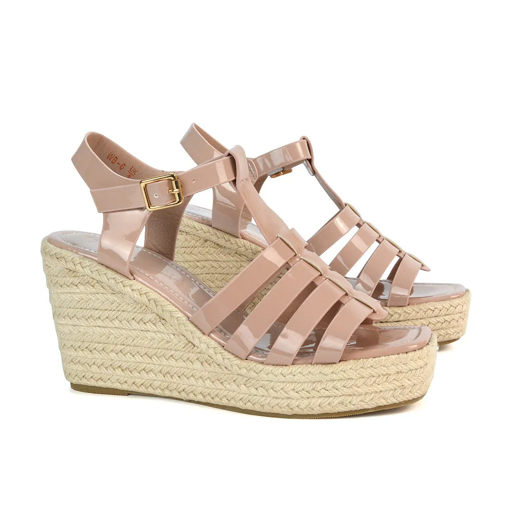 Jojo Espadrille Platform Wedge Heel Sandals With Ankle Strap in Black