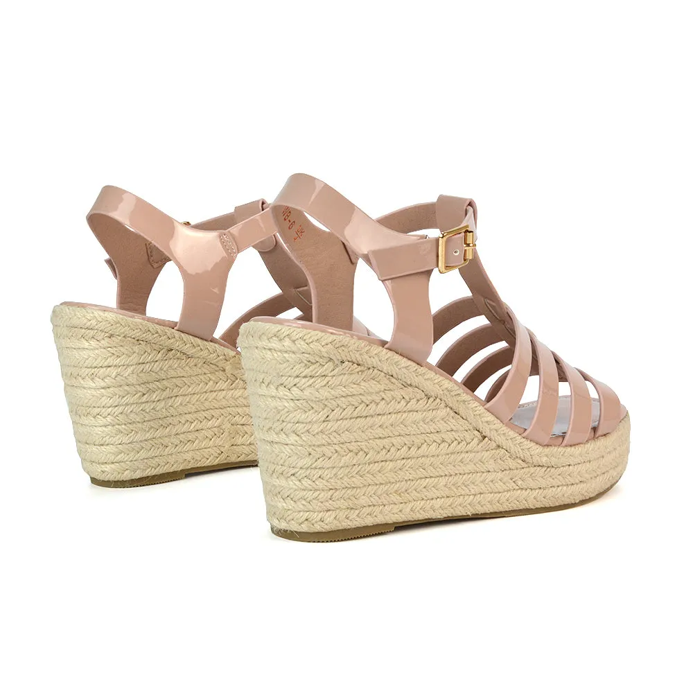 Jojo Espadrille Platform Wedge Heel Sandals With Ankle Strap in Black