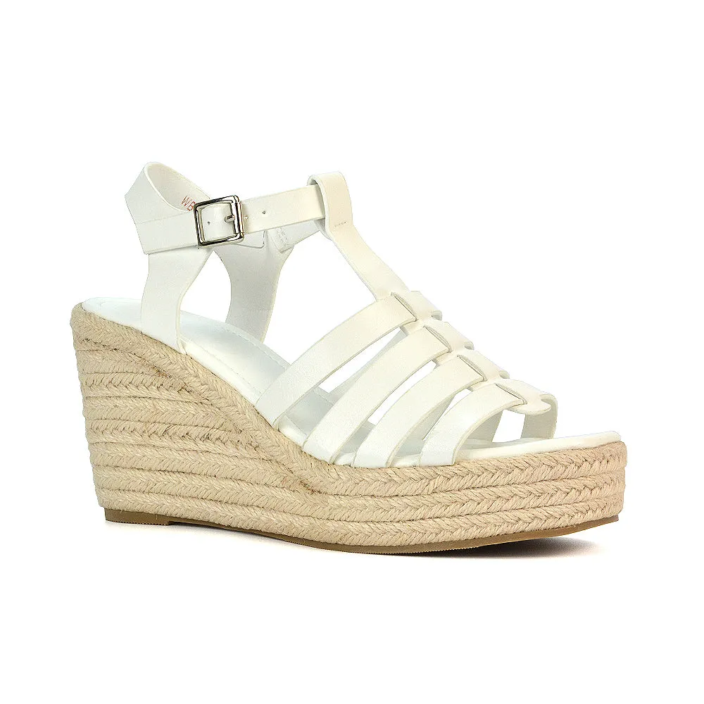 Jojo Espadrille Platform Wedge Heel Sandals With Ankle Strap in Black