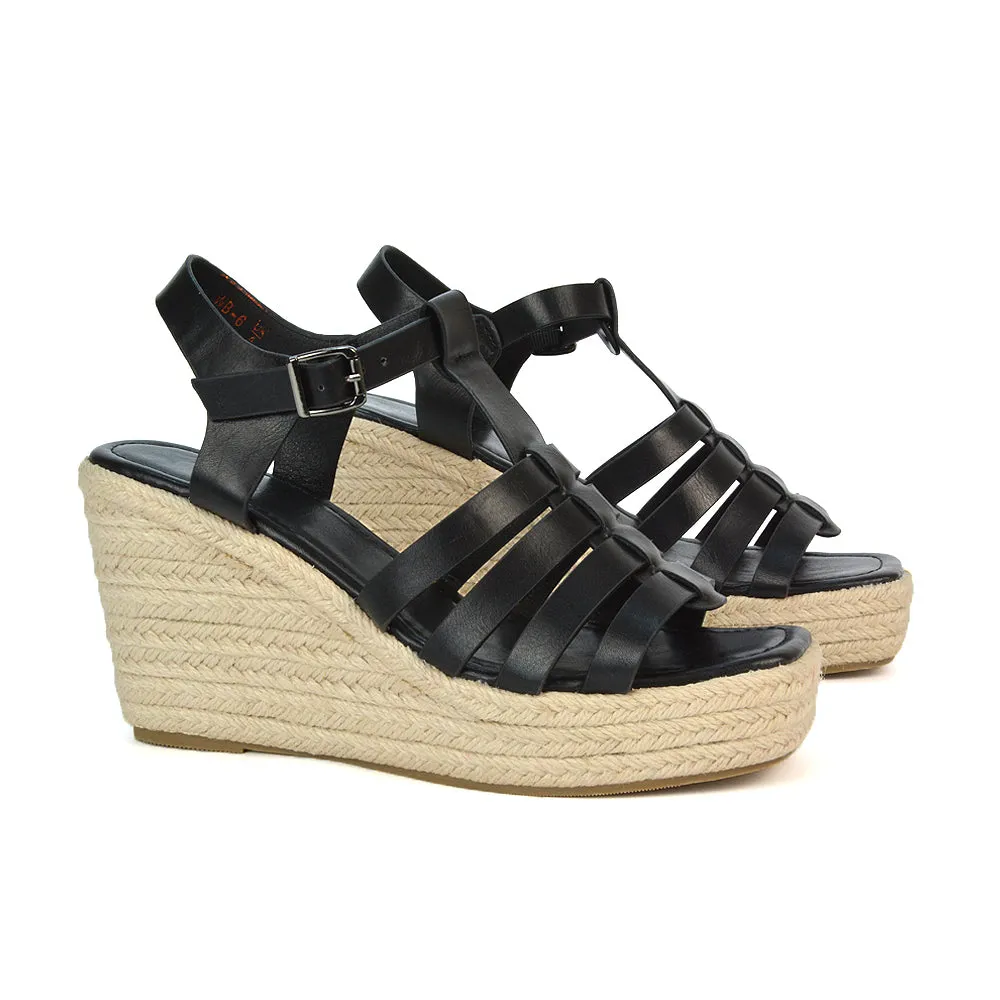 Jojo Espadrille Platform Wedge Heel Sandals With Ankle Strap in Black