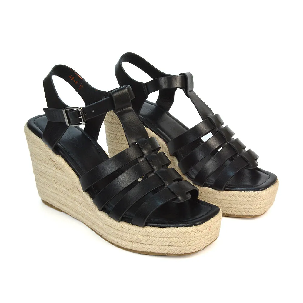 Jojo Espadrille Platform Wedge Heel Sandals With Ankle Strap in Black