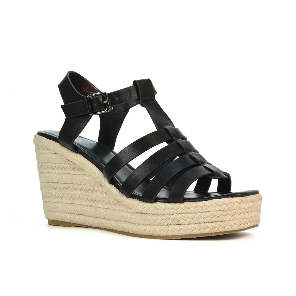 Jojo Espadrille Platform Wedge Heel Sandals With Ankle Strap in Black