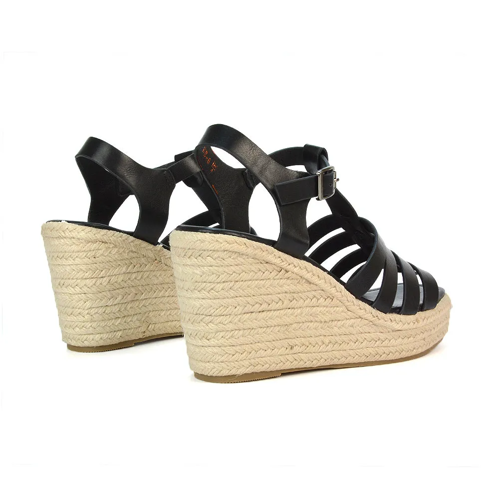 Jojo Espadrille Platform Wedge Heel Sandals With Ankle Strap in Black