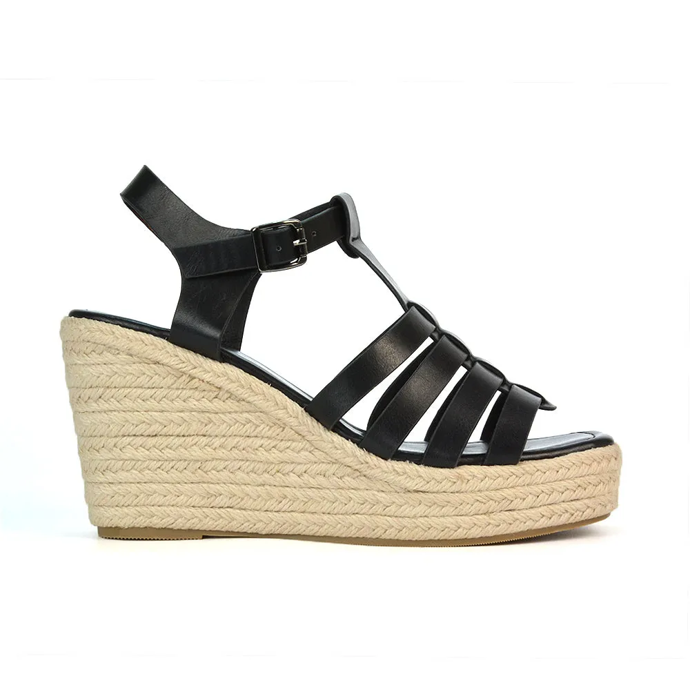 Jojo Espadrille Platform Wedge Heel Sandals With Ankle Strap in Black