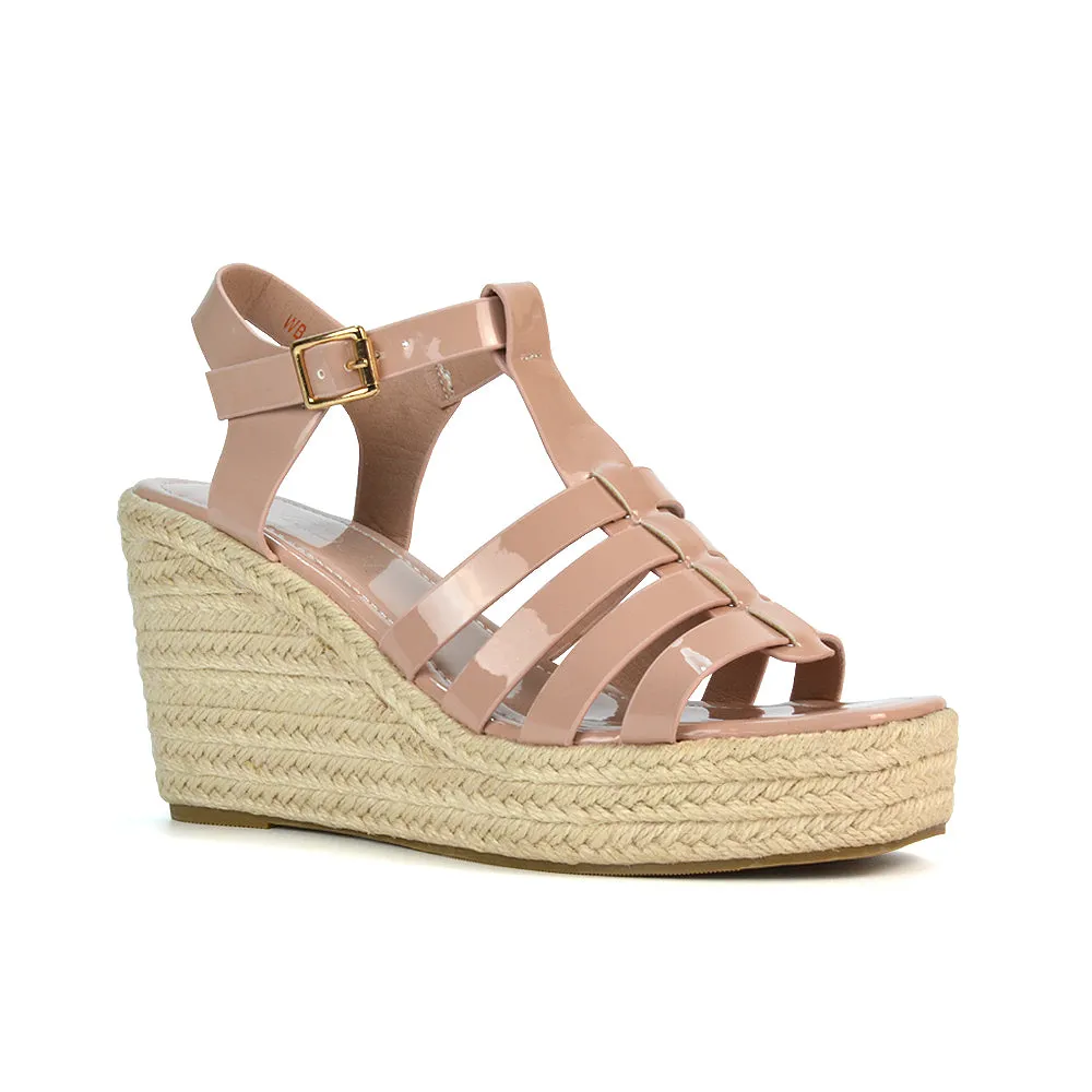 Jojo Espadrille Platform Wedge Heel Sandals With Ankle Strap in Black