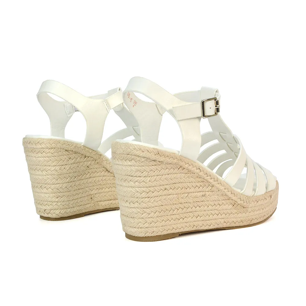 Jojo Espadrille Platform Wedge Heel Sandals With Ankle Strap in Black