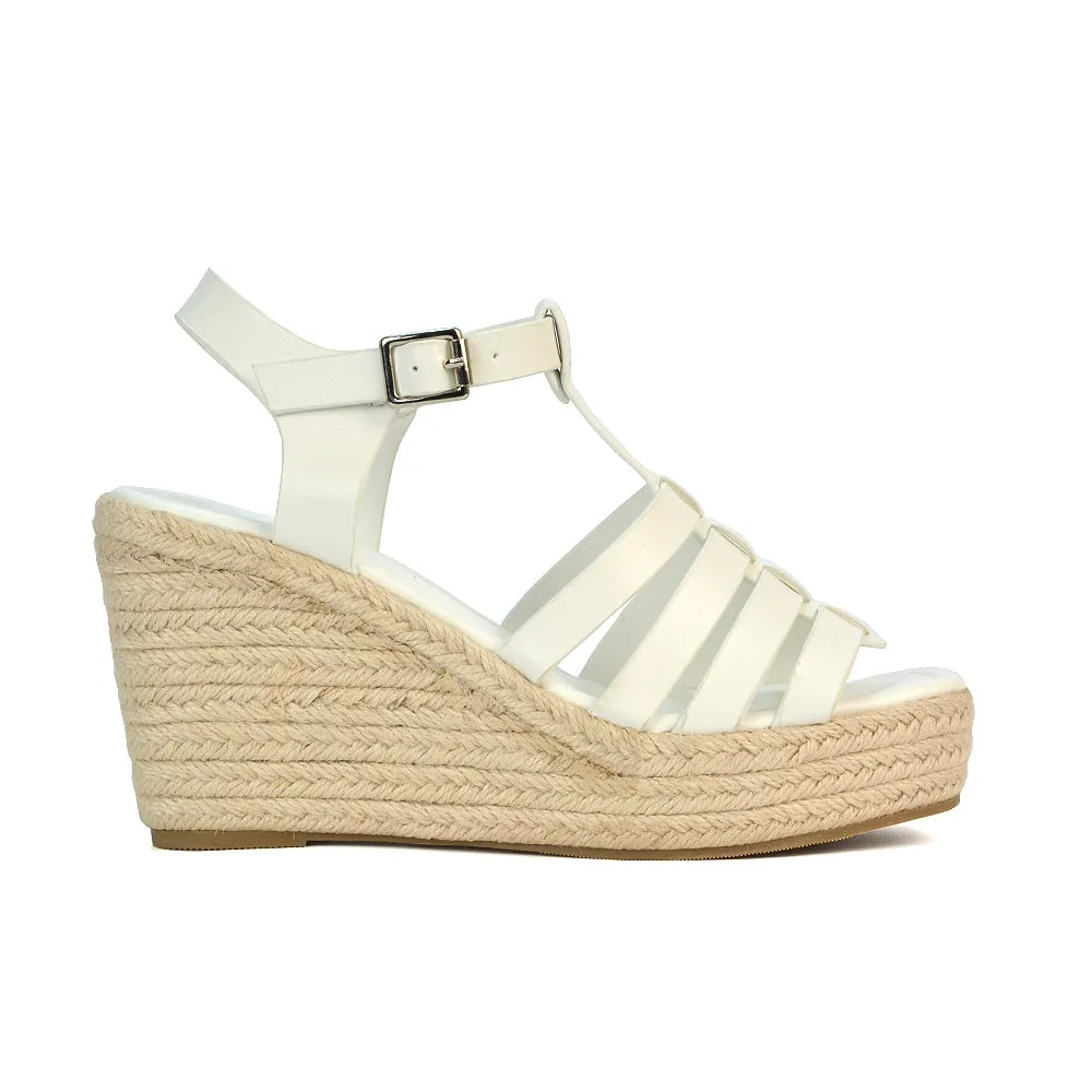 Jojo Espadrille Platform Wedge Heel Sandals With Ankle Strap in Black