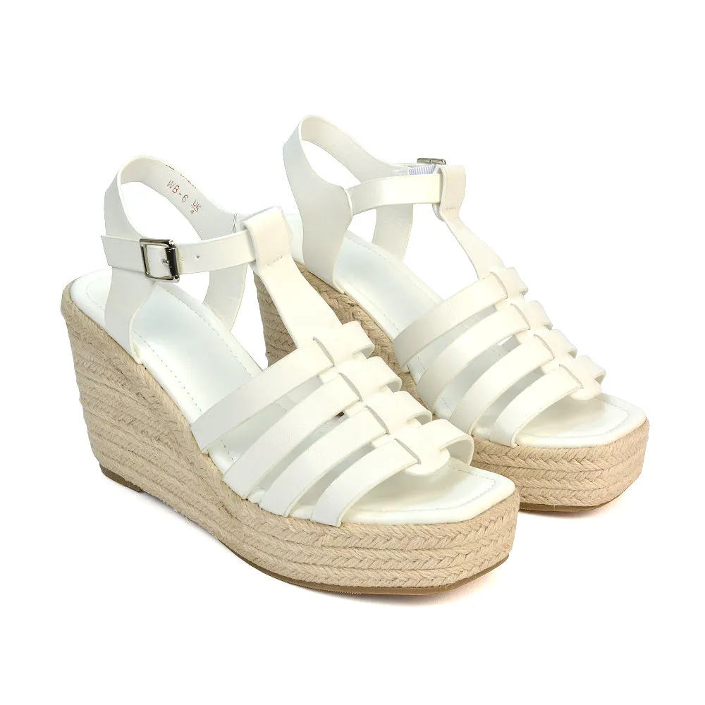 Jojo Espadrille Platform Wedge Heel Sandals With Ankle Strap in White