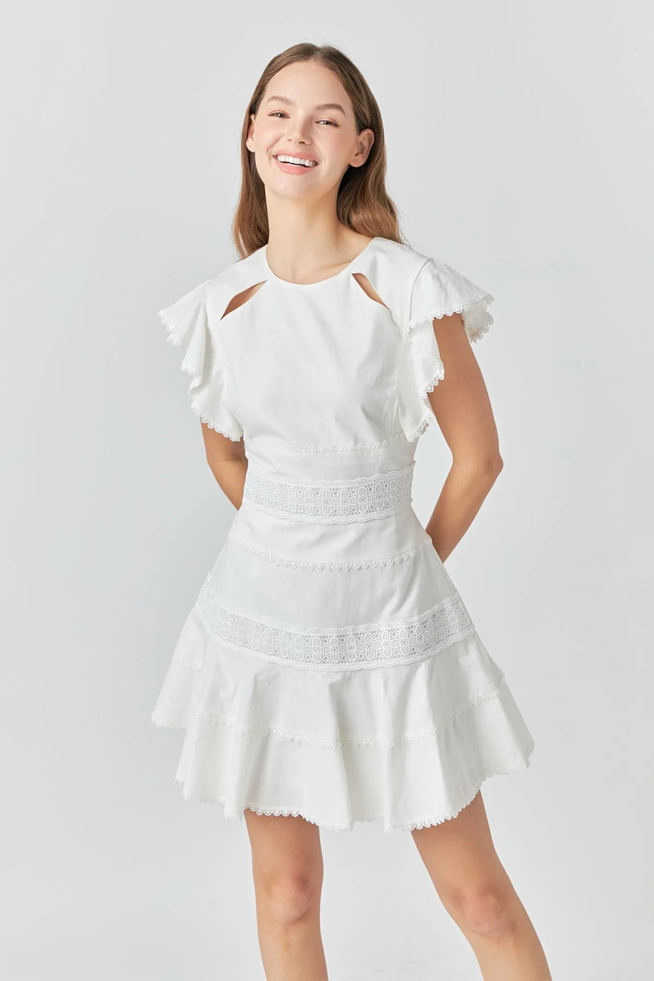 Lace Trimmed Ruffle Sleeve Dress with Cutout