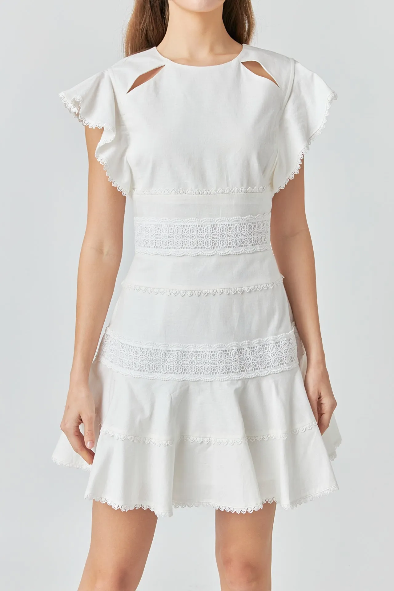 Lace Trimmed Ruffle Sleeve Dress with Cutout