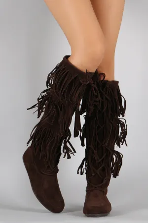 Lace Up Suede Fringe Knee High Boots