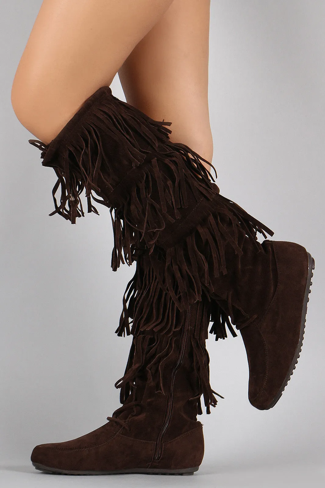 Lace Up Suede Fringe Knee High Boots