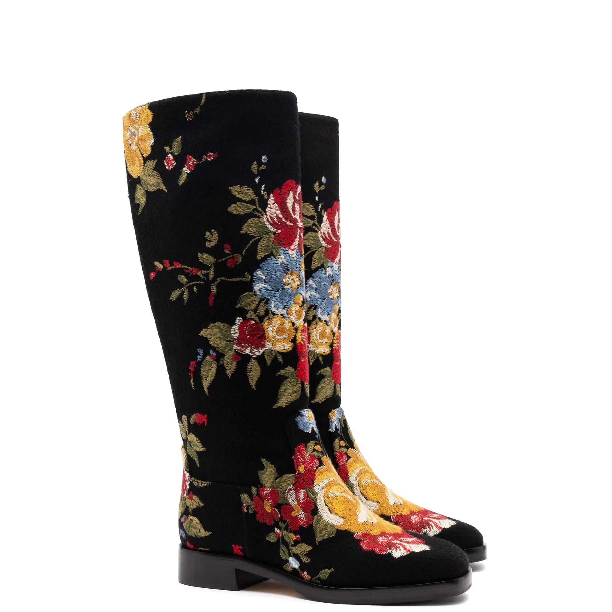 Larroudé x Markarian Flat Boot In Black Wool and Floral Embroidery