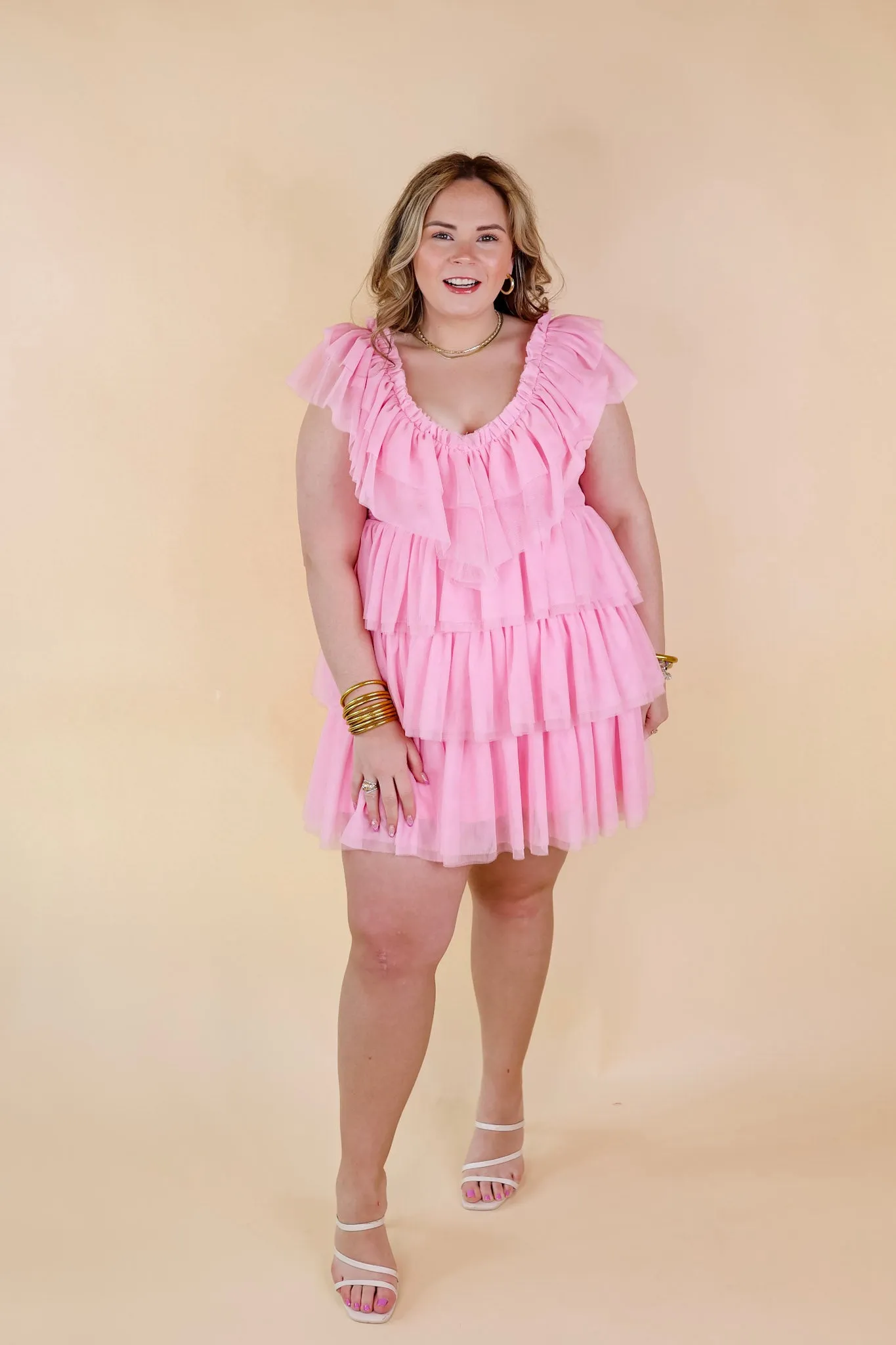 Last Chance Size Small | Dazzle The Room Tulle Tiered Dress in Light Pink