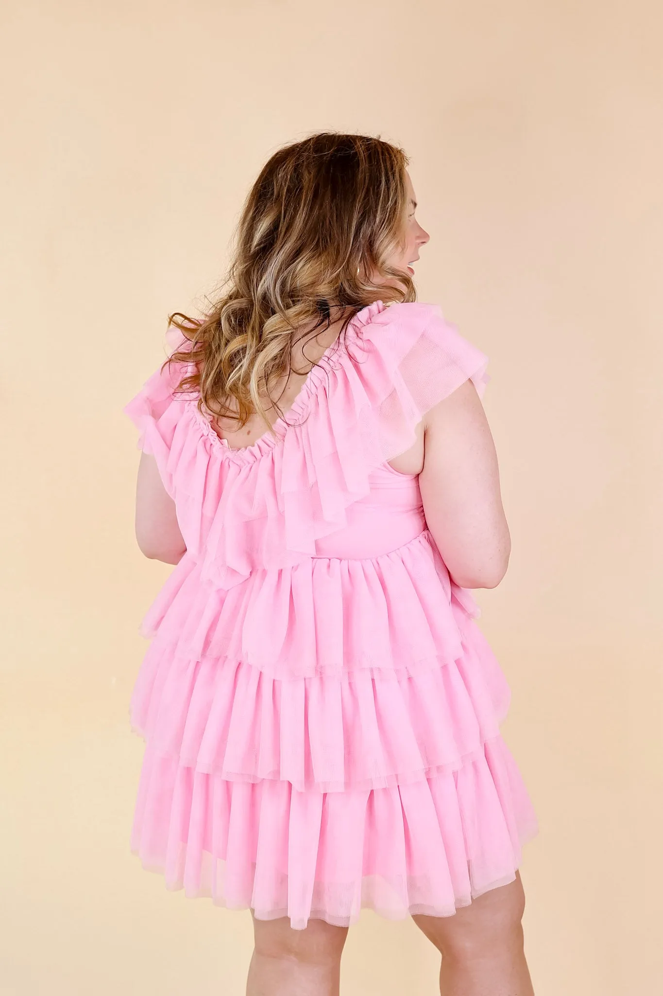 Last Chance Size Small | Dazzle The Room Tulle Tiered Dress in Light Pink