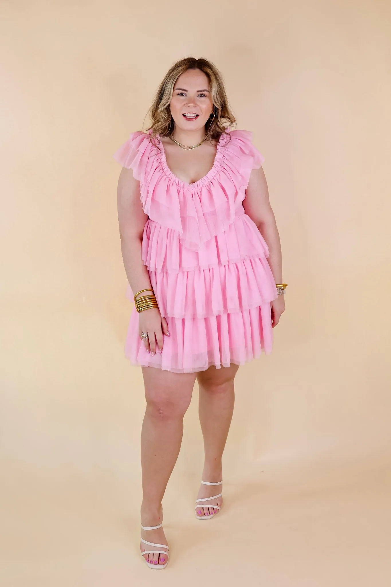 Last Chance Size Small | Dazzle The Room Tulle Tiered Dress in Light Pink