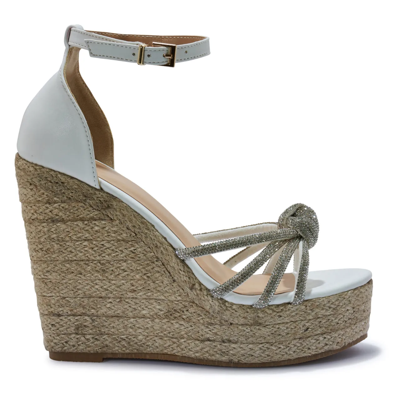 LEONIE WHITE SILVER DIAMANTE KNOT WEDGES