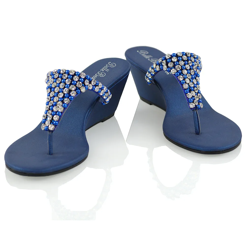 Logan Diamante Embellished Sparkly Statement Strappy Toe Post Thong Wedge Sandal High Heels in Navy