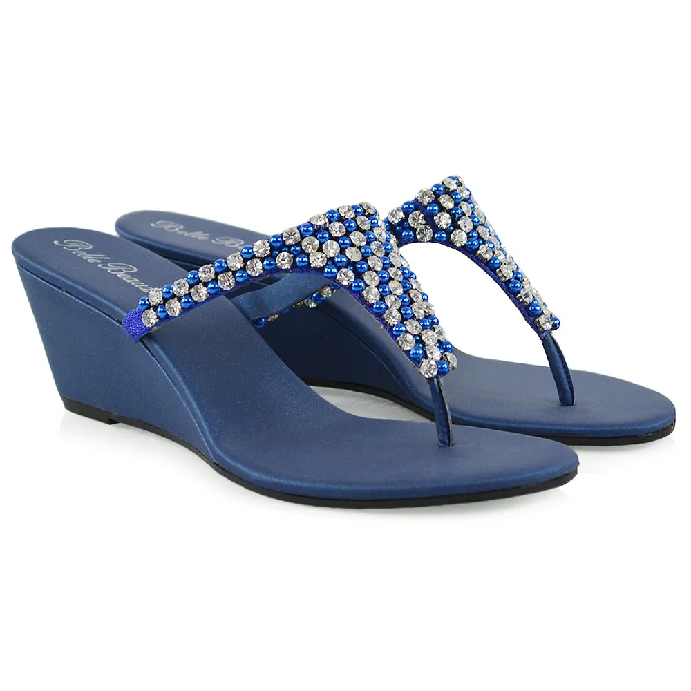 Logan Diamante Embellished Sparkly Statement Strappy Toe Post Thong Wedge Sandal High Heels in Navy