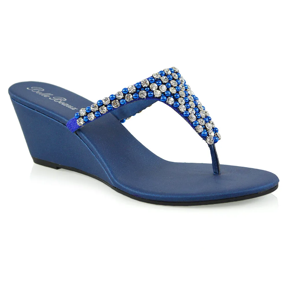 Logan Diamante Embellished Sparkly Statement Strappy Toe Post Thong Wedge Sandal High Heels in Navy