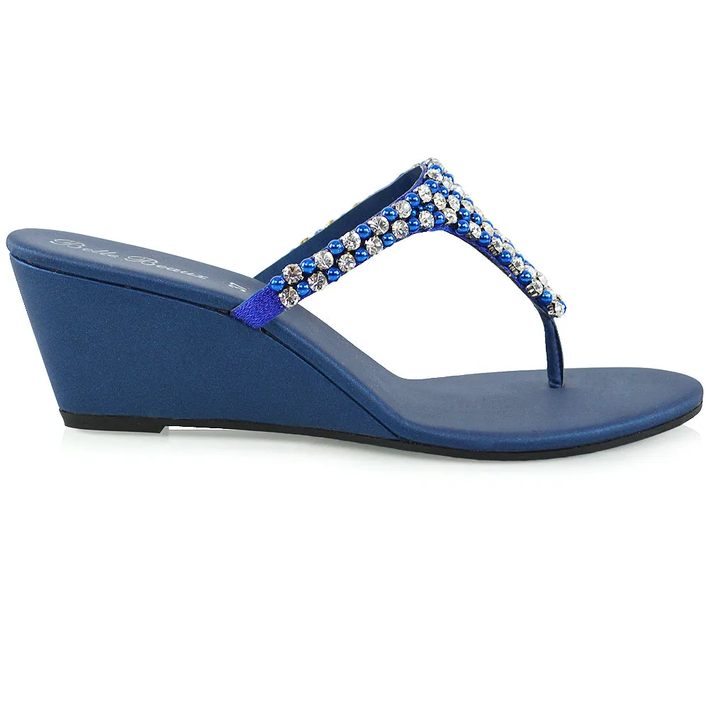 Logan Diamante Embellished Sparkly Statement Strappy Toe Post Thong Wedge Sandal High Heels in Navy