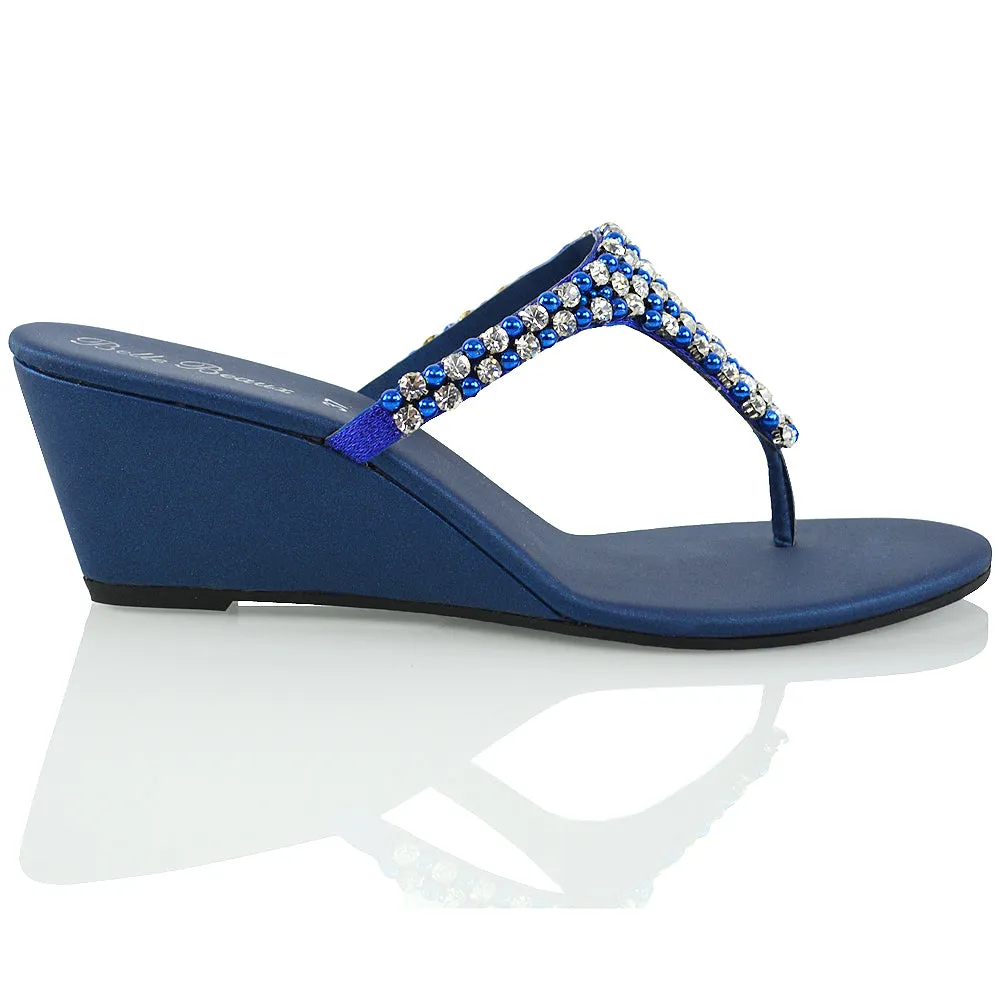 Logan Diamante Embellished Sparkly Statement Strappy Toe Post Thong Wedge Sandal High Heels in Navy