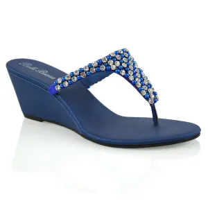 Logan Diamante Embellished Sparkly Statement Strappy Toe Post Thong Wedge Sandal High Heels in Navy