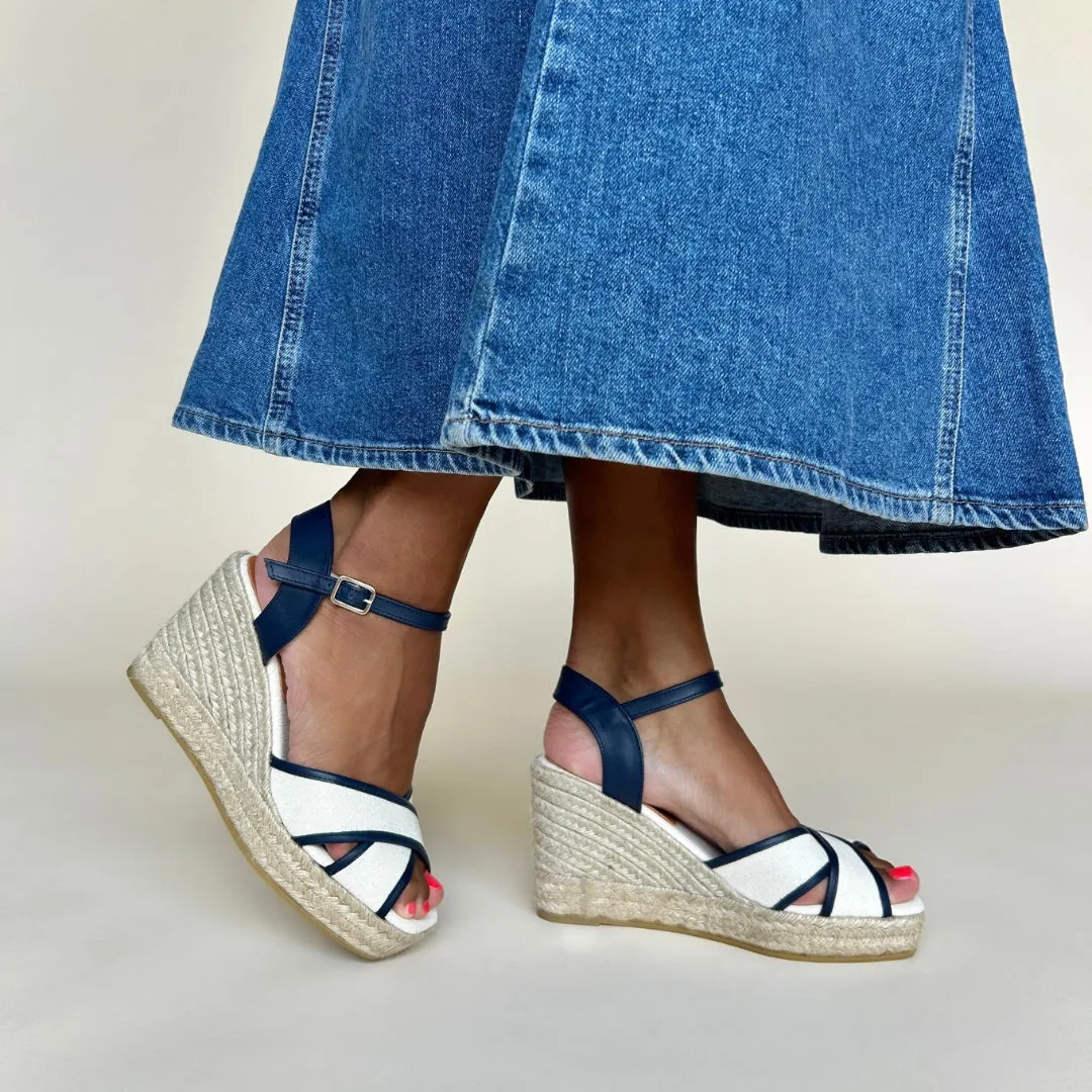 Lottie - Espadrille Wedge Sandal - Navy & Nude Canvas