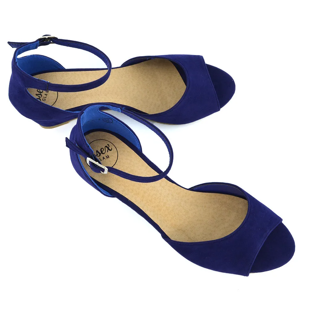 LOTTIE Mid Sandal Wedge Heels Bridal Shoes with Buckle Up Ankle Strap in Navy