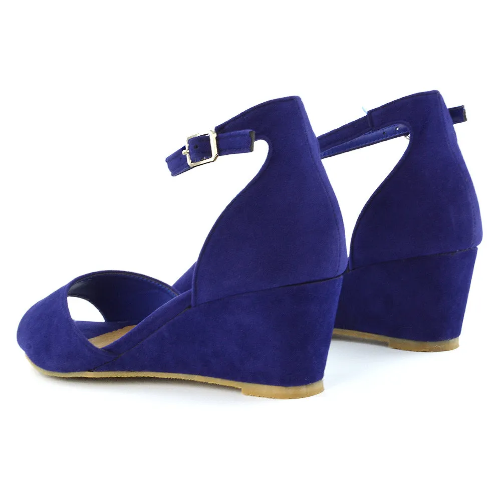 LOTTIE Mid Sandal Wedge Heels Bridal Shoes with Buckle Up Ankle Strap in Navy