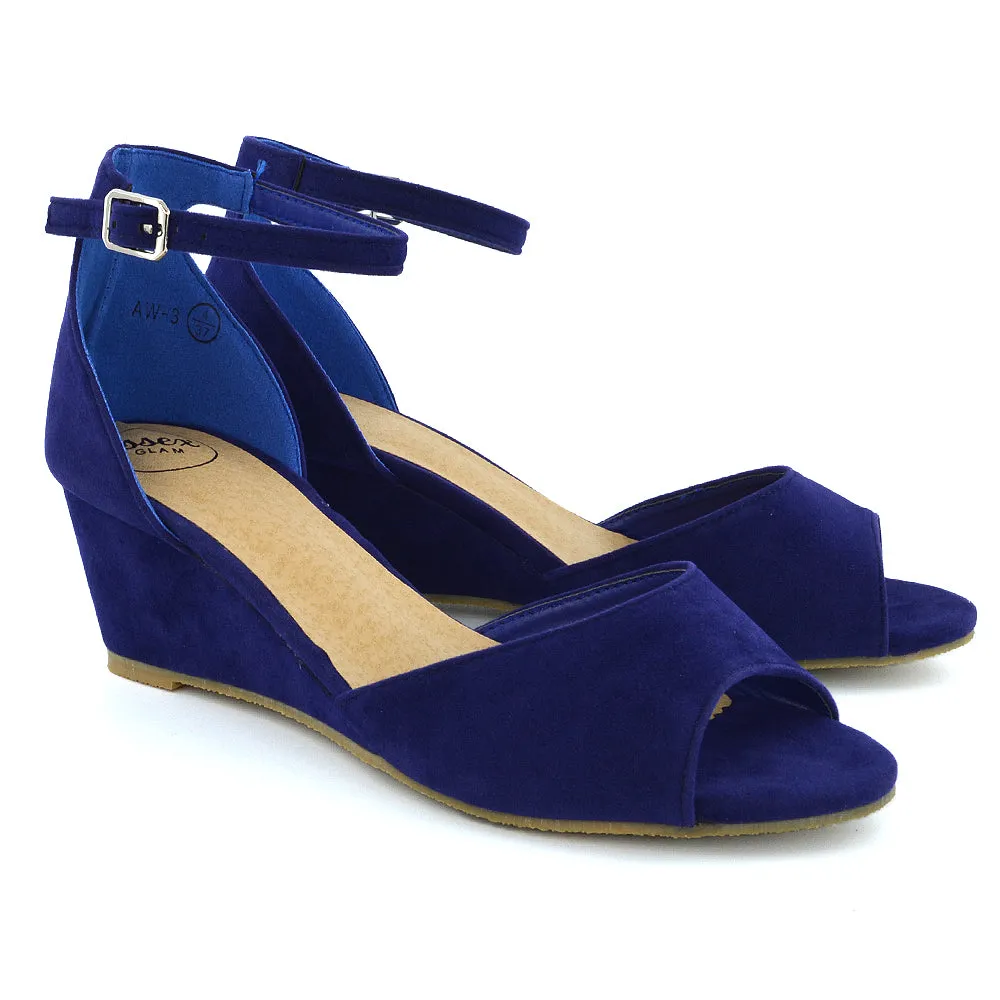 LOTTIE Mid Sandal Wedge Heels Bridal Shoes with Buckle Up Ankle Strap in Navy