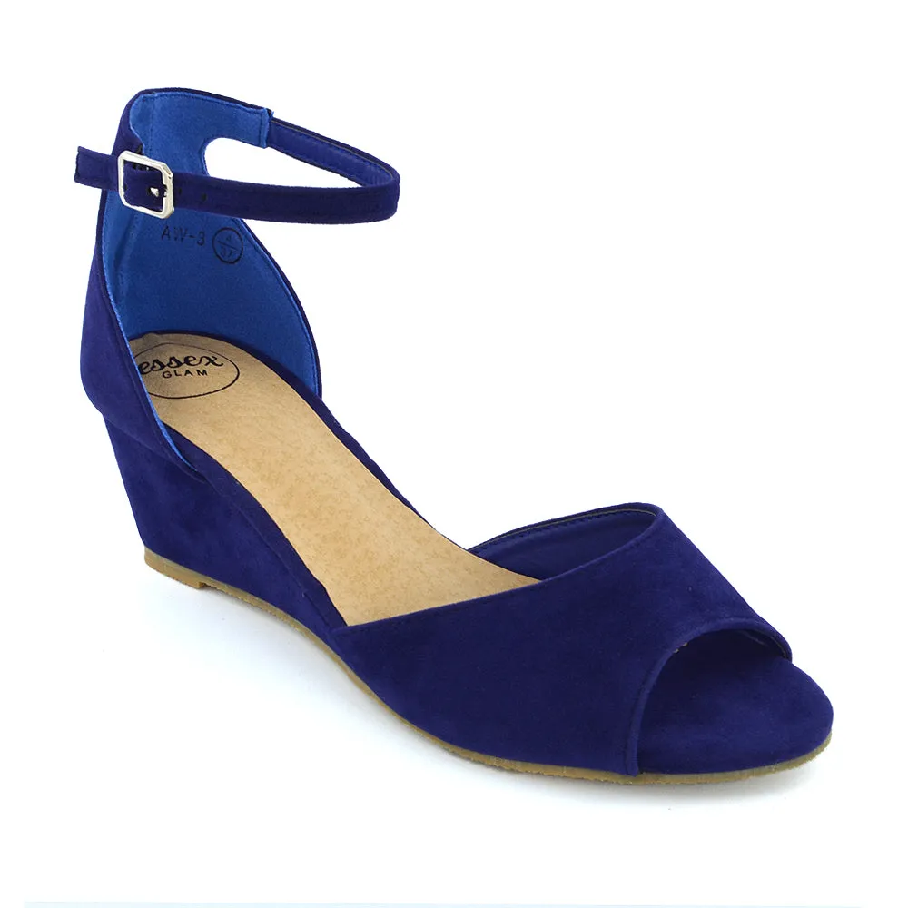 LOTTIE Mid Sandal Wedge Heels Bridal Shoes with Buckle Up Ankle Strap in Navy