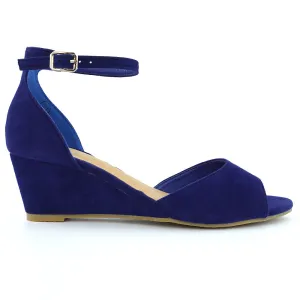 LOTTIE Mid Sandal Wedge Heels Bridal Shoes with Buckle Up Ankle Strap in Navy