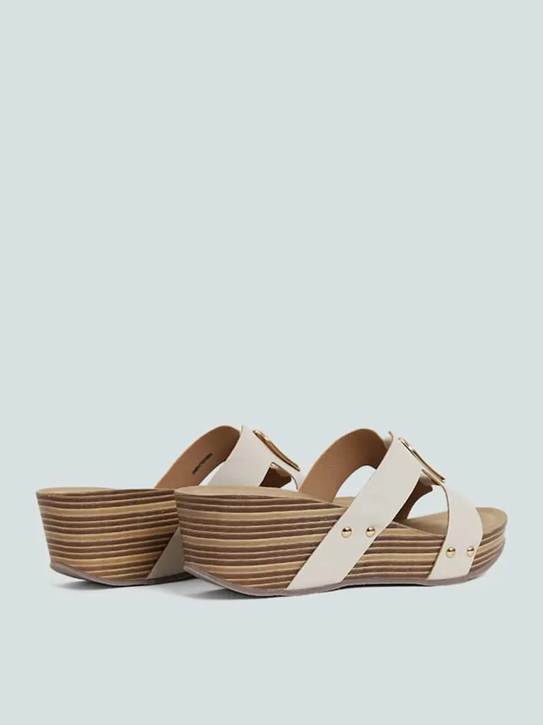 LUNA BLU Cut Out Cage Buckle Ivory Wedge Sandals