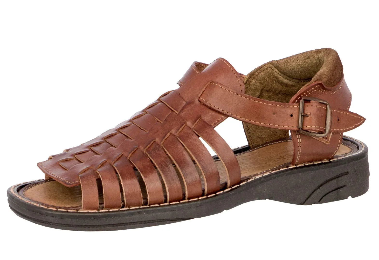 Men's Cognac Open Toe Huaraches Genuine Leather Buckle Sandals - #451