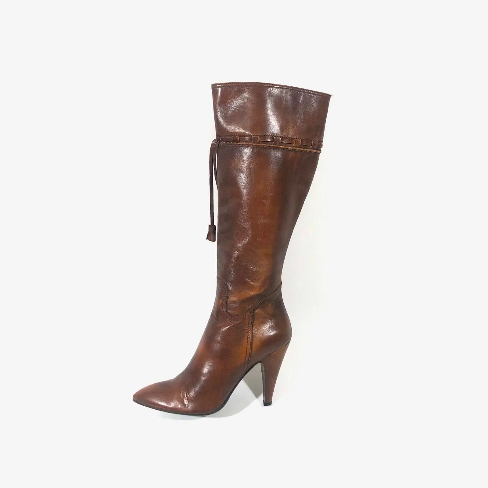 MIU MIU KNEE HIGH BROWN LEATHER BOOTS