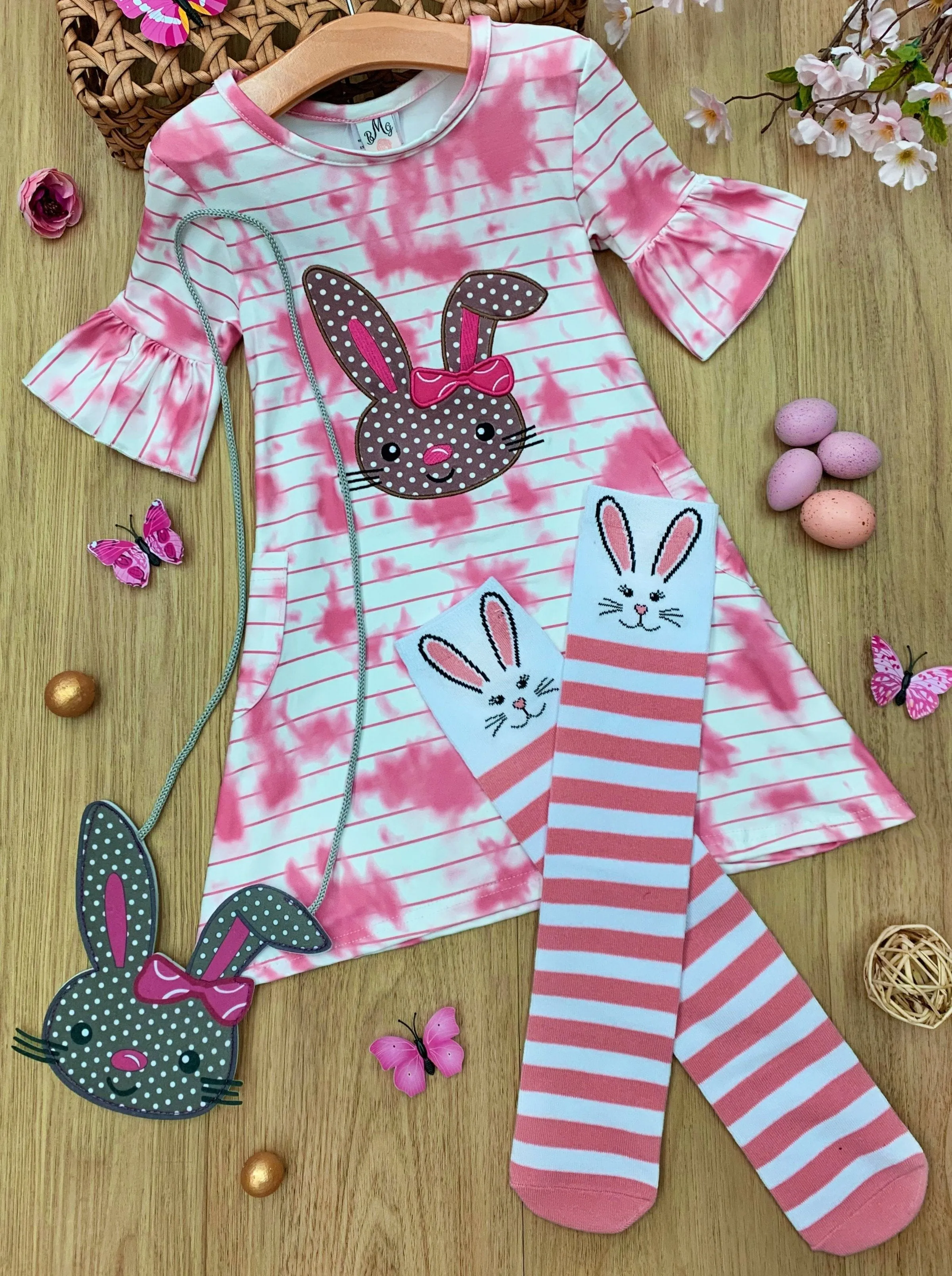 More Tie Dye Bunnies Dress, Socks And Purse Set