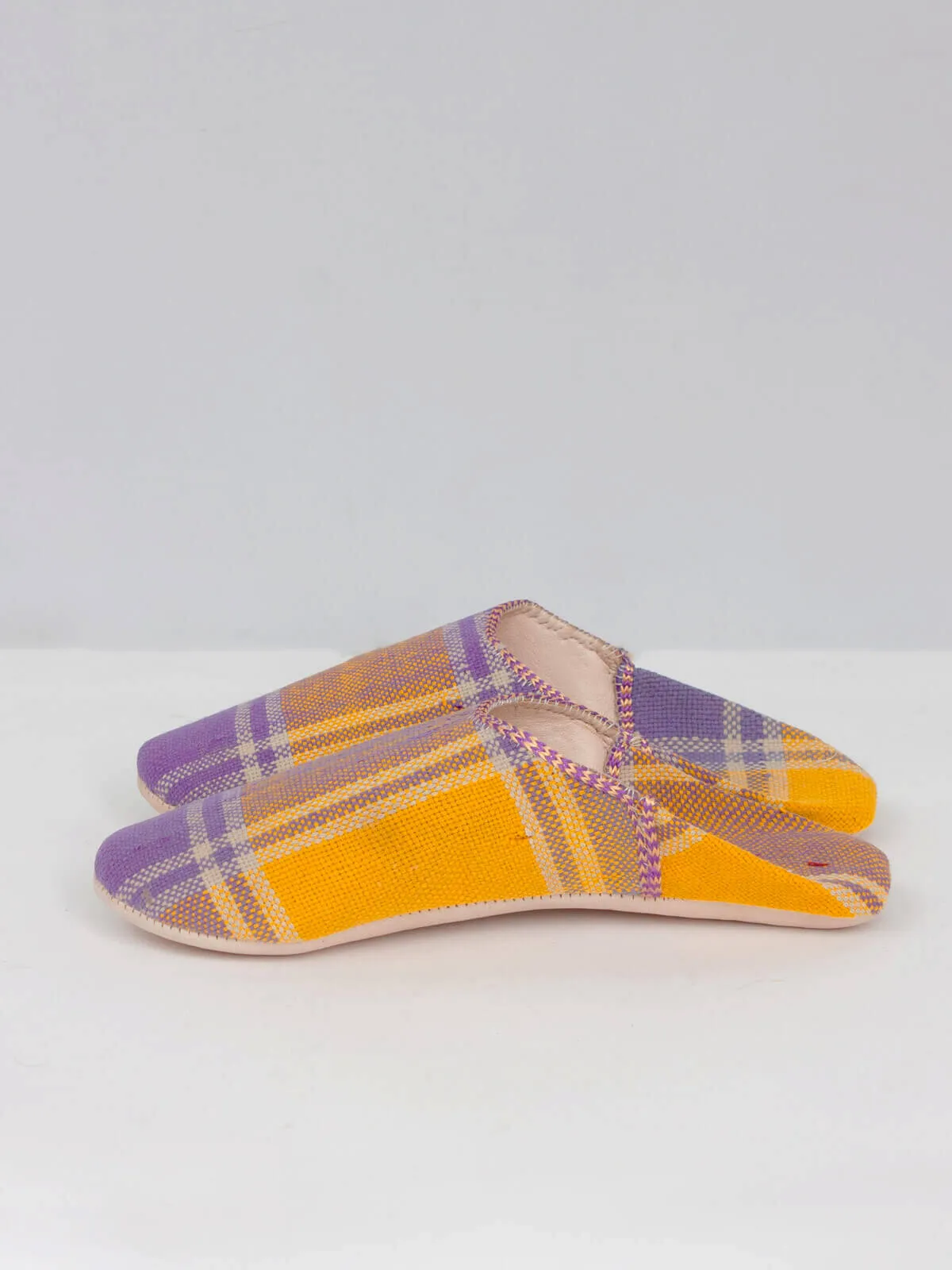 Moroccan Boujad Basic Babouche Slippers, Mustard Lilac Check