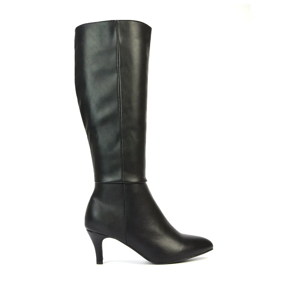 Narla Pointed Toe Mid Stiletto Heel Knee High Boots in Black Synthetic Leather