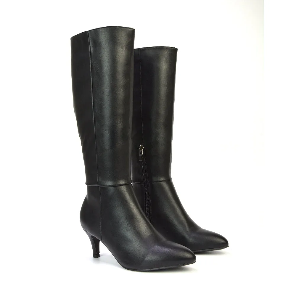 Narla Pointed Toe Mid Stiletto Heel Knee High Boots in Black Synthetic Leather