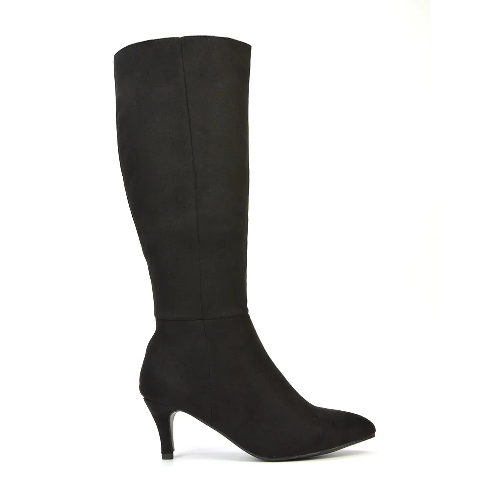 Narla Pointed Toe Mid Stiletto Heel Knee High Boots in Black Synthetic Leather